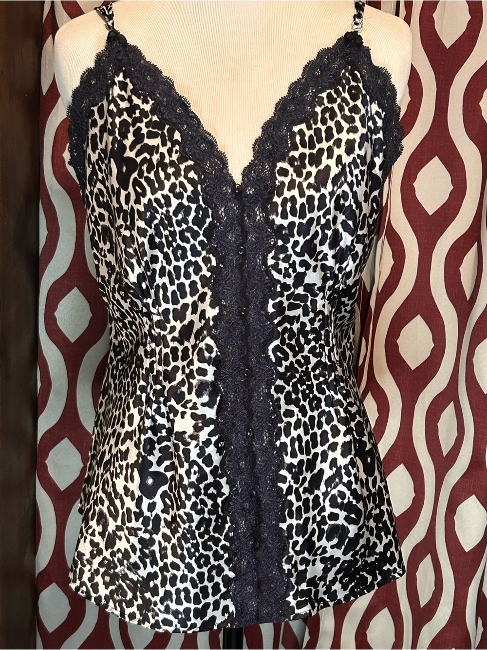 Leopard Print Satin Camisole with Black Lace Trim